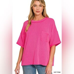 Zenana Raised Rib Short Sleeve Front Pocket Top🆕